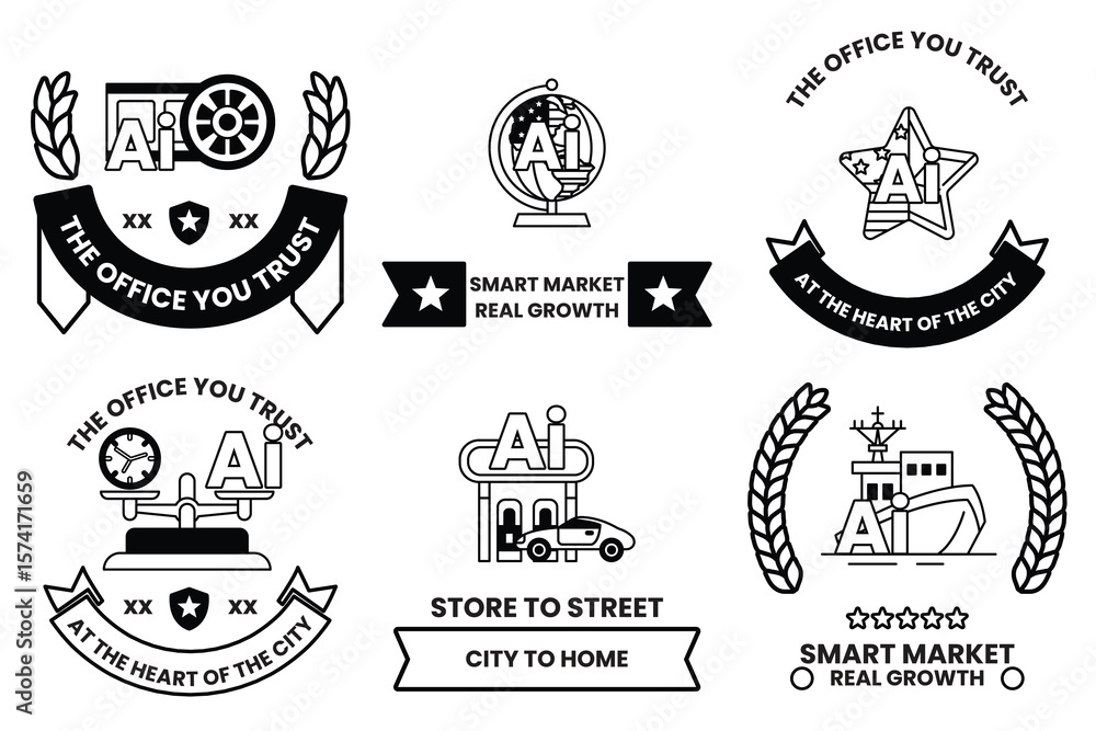 Poster set of illustrations in the concept of artificial intelligence in line art style