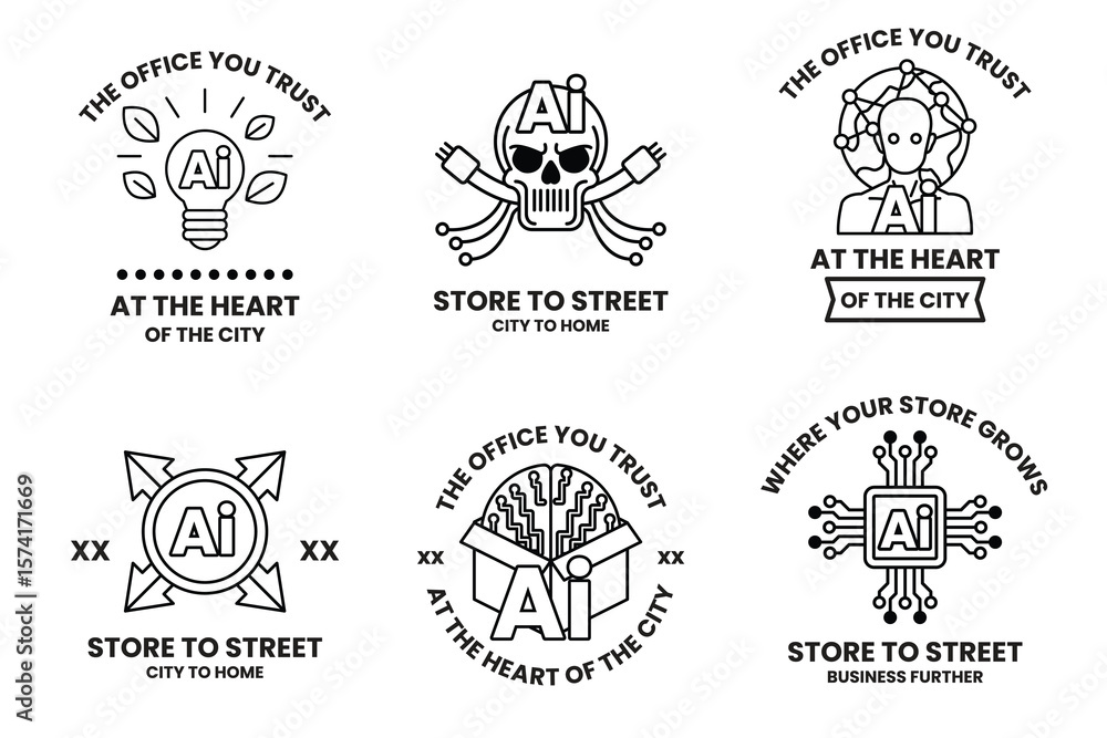 Poster set of illustrations in the concept of artificial intelligence in line art style