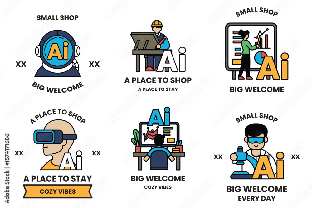 Poster set of illustrations in the concept of artificial intelligence in line art style