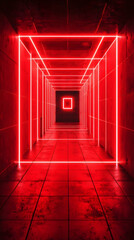 Red neon corridor, futuristic architecture, glowing square at the end, abstract background, ideal for sci-fi or gaming