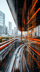 City highway intersection with digital code overlay; futuristic urban transport; background skyscrapers; technology concept