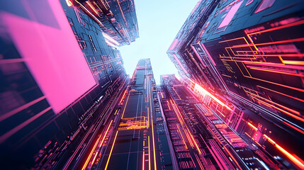 Futuristic city skyscrapers, neon lights, upward view, technological background, ideal for sci-fi concepts