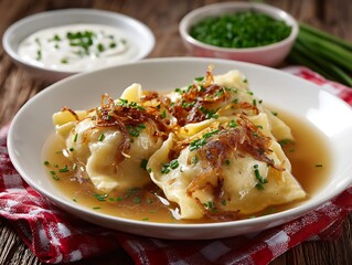 Maultaschen - German Swabian Dumplings in Broth with Fried Onions and Chives, Cuisine