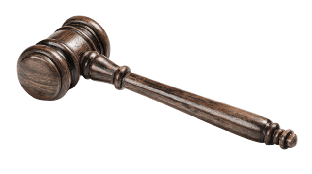 Gavel for court or justice symbol, wooden texture style, isolated on transparent 