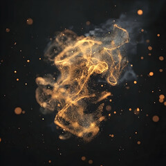 Golden dust particles swirl in dark space; abstract art for design