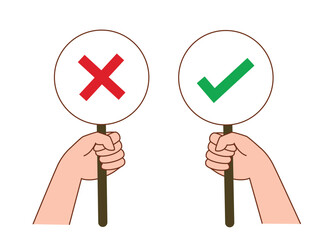 Hands are holding wrong and true sign, incorrect and correct, cross and tick symbols for illustration and recommendation