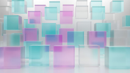 Glass cubes floating in air in different colors abstract square colorful background