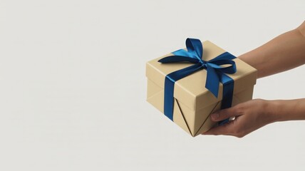 Woman s hands holding a small brown gift box tied with a blue ribbon