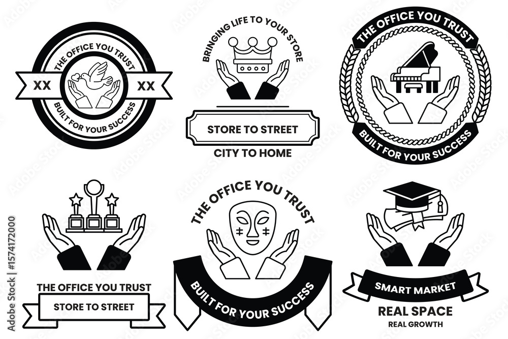 Poster set of illustrations in the concept of hands and business objects in line drawing style