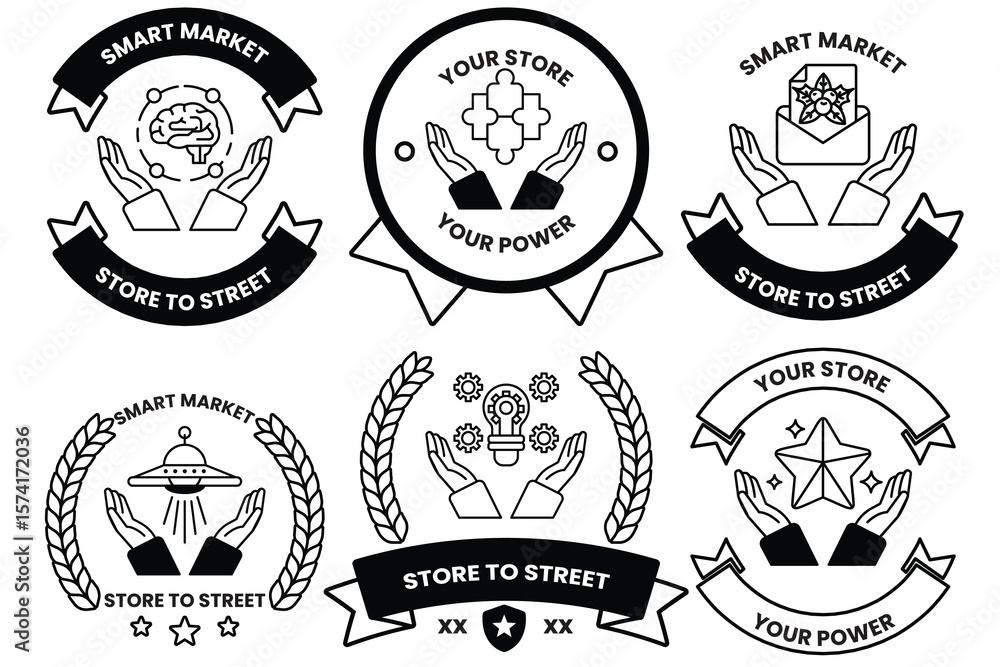Poster set of illustrations in the concept of hands and business objects in line drawing style