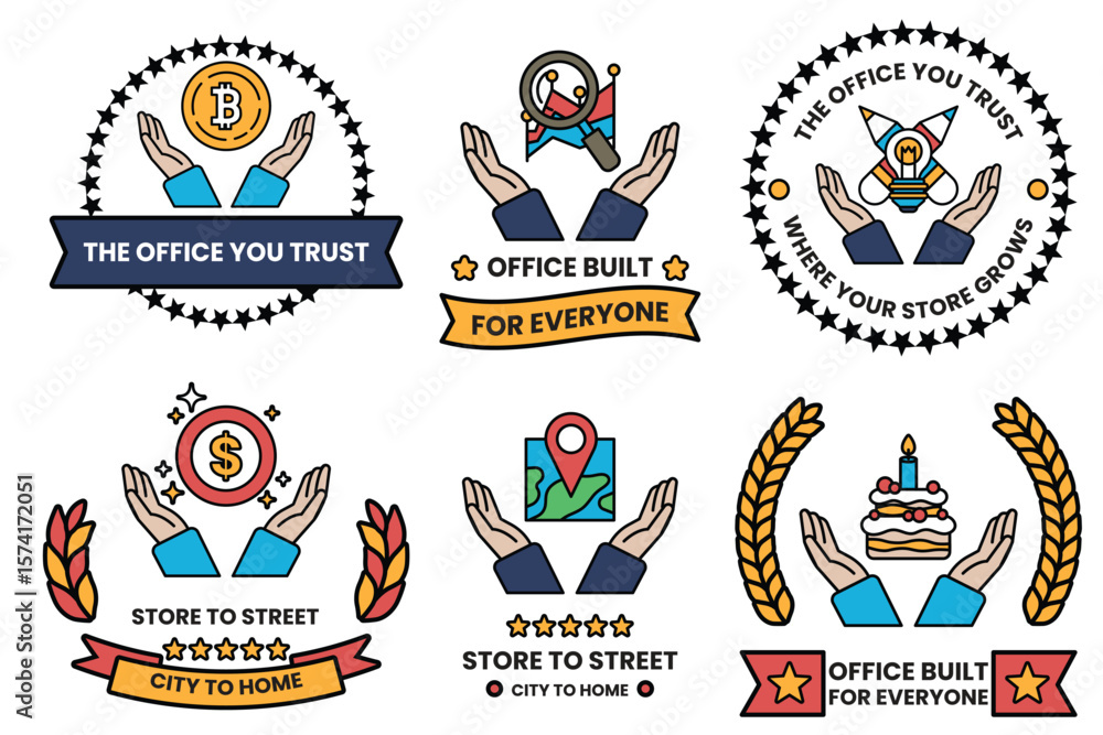 Poster set of illustrations in the concept of hands and business objects in line drawing style