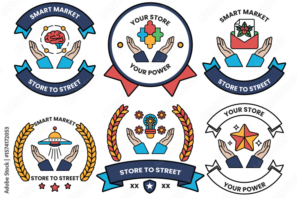 Poster set of illustrations in the concept of hands and business objects in line drawing style