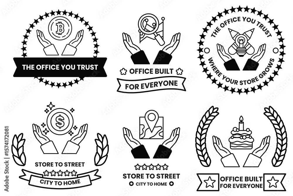 Aufkleber set of illustrations in the concept of hands and business objects in line drawing style