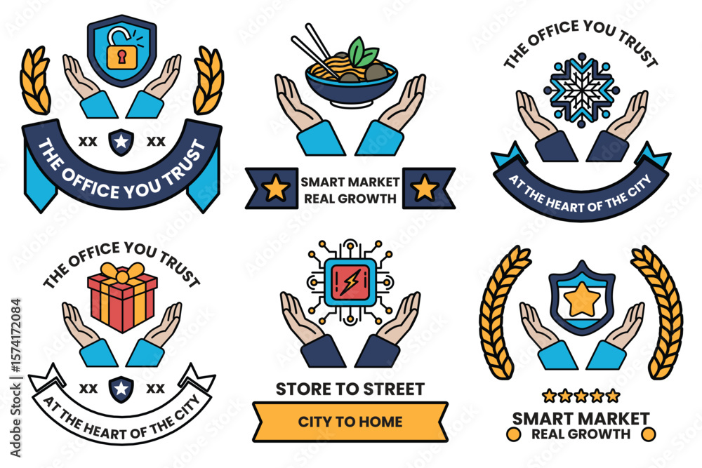 Poster set of illustrations in the concept of hands and business objects in line drawing style