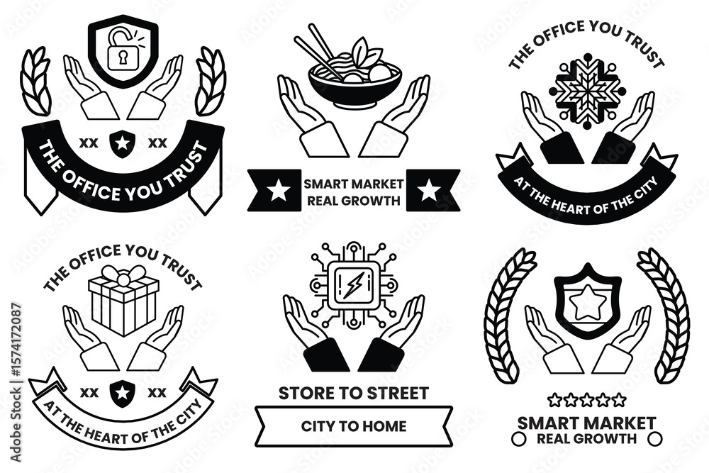 Poster set of illustrations in the concept of hands and business objects in line drawing style