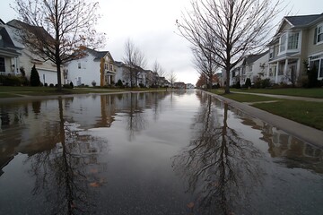Flooded Suburban Street After Heavy Rain, Reflections of Houses, Weather, Disaster, Crisis
