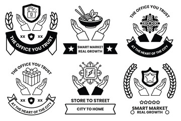 Set of illustrations in the concept of hands and business objects in line drawing style