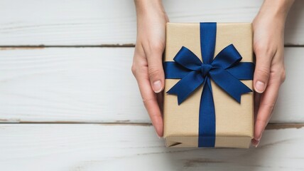 Woman s hands holding a small brown gift box tied with a blue ribbon