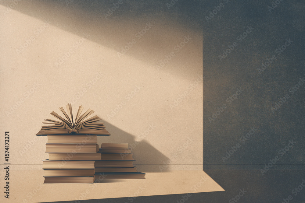 Aufkleber stack of open and closed books on a table against a vintage paper background creating a serene atmos