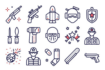 Fototapeta premium Collection of military and army themed symbols representing warfare combat and defense operations rendered in a clean graphic style with distinct color elements