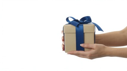 Woman s hands holding a small brown gift box tied with a blue ribbon