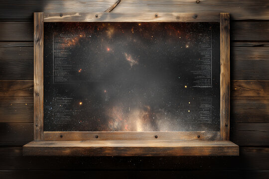 Vintage blackboard menu design with cosmic texture in rustic wooden frame ideal for cafes and bistros