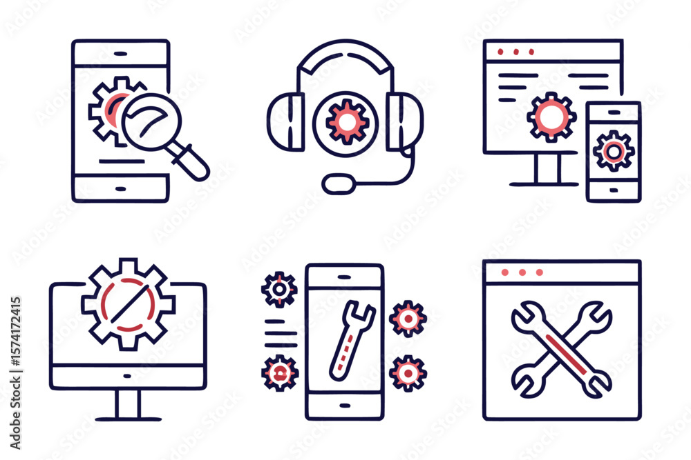 Poster comprehensive collection of professional service and technical assistance line graphics featuring cl