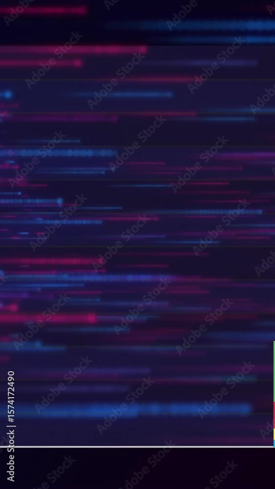 Poster colorful bar graph animation over fast-moving digital data lines in blue and red
