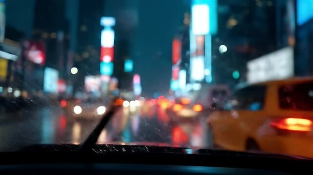 A car windshield view during heavy rain with wipers mid-motion, blurred city lights and traffic in the background.
