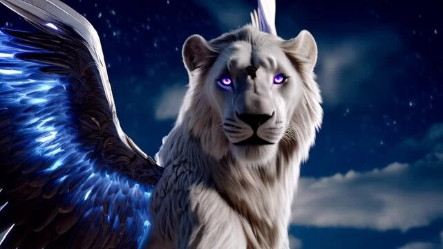 A Majestic Lion with angel wings facing towards camera against the dark sky