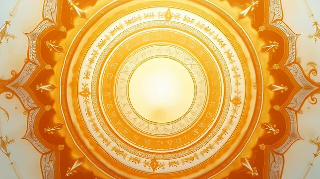 A conceptual painting of concentric mandalas radiating from the center in golden gradients, symbolizing cosmic balance and sacred space in Vastu Shastra.

