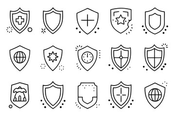 Collection of stylized linear shield emblems and protective symbols featuring classic heraldic shapes and modern graphic elements for security and defense concepts