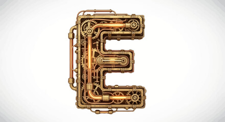 Vector steampunk letter e alphabet design industrial mechanical typography font vintage gearwork illustration