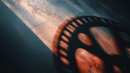 Obraz premium Production banner casting a shadow from a light reel against a textured wall at an outdoor film festival in early evening light