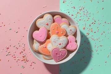 Heart Shaped Valentine's Day Cookies in Bowl on Pastel Background, Love, Sweet Treat