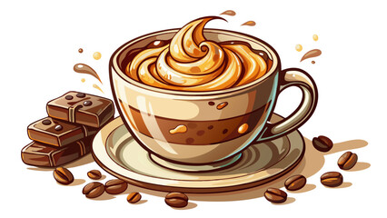 Warm and inviting, this elegant cappuccino features flowing milk designs and fine chocolate shavings, nestled in a sleek glass mug, set gracefully on a white background for artistic effect.