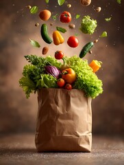 Vegetables Flying into Paper Bag, Fresh Groceries, Healthy Food, Diet, Balanced Nutrition