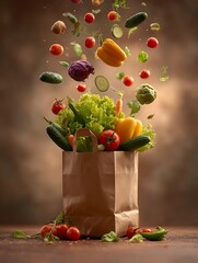 Vegetables Flying into Paper Bag, Fresh Groceries, Healthy Food, Diet, Balanced Nutrition