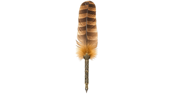 Elegant quill pen with brown striped feather and ornate gold handle, a classic writing instrument.