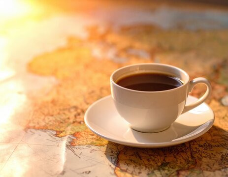 White Coffee Cup On Vintage World Map With Sunrise Lighting