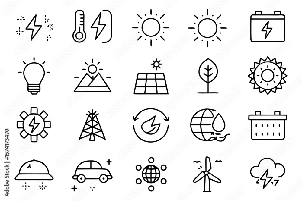 Poster minimalist line art collection representing solar power and renewable energy concepts with clean mod