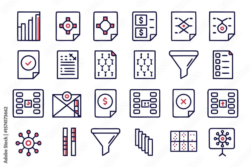 Fototapete A comprehensive collection of clean modern line art symbols representing various sorting and filtering operations for digital interfaces and data management applications