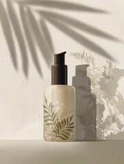 Naklejka premium Skincare card design featuring a creamy serum bottle with elegant leaf patterns and soft shadows on a light background