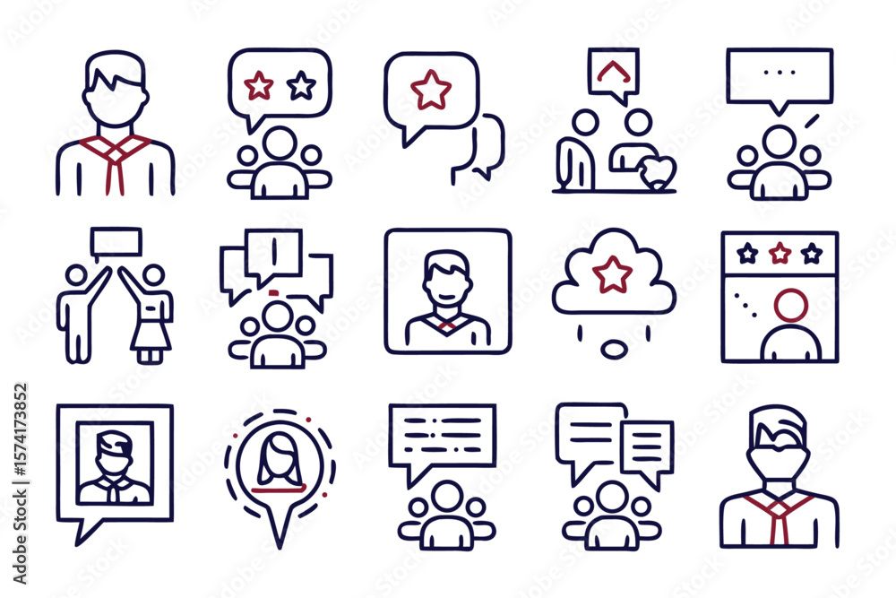 Poster collection of communication and speaking symbols presented in a clean modern line art style suitable