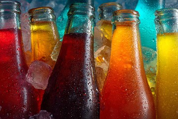 Colorful Soda Bottles in Ice with Condensation, Refreshing Summer Drinks, Cold Beverages