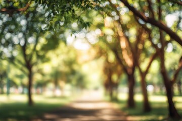 Blurred park path, sunlit trees (1)