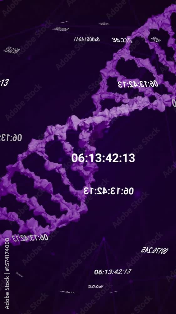Poster dna strands and numerical data processing animation on dark background