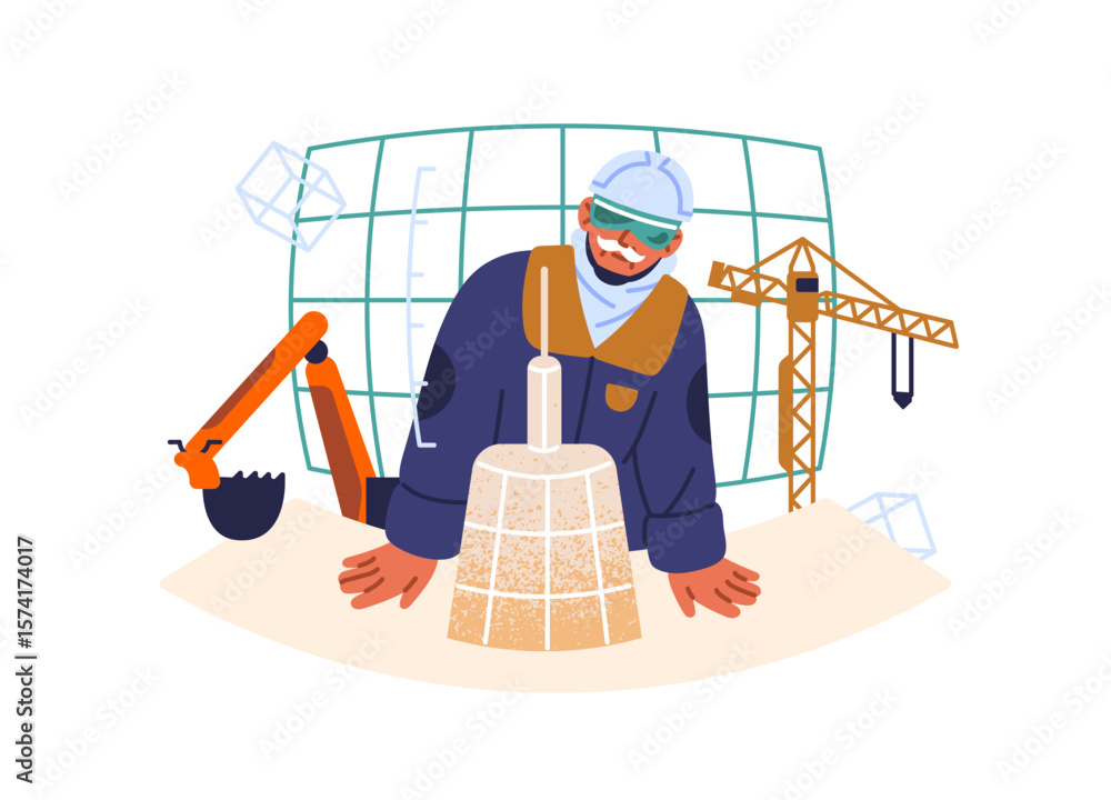 Poster engineer in helmet is looking at 3d model of skyscraper. constructor creates drawings of building. b