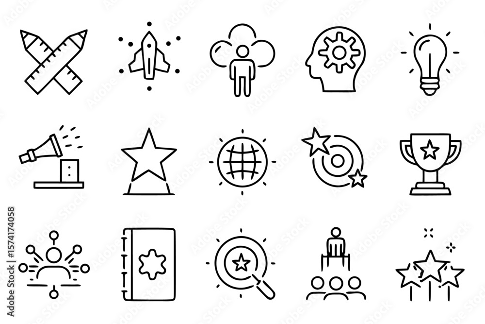 Poster collection of modern line style web symbols representing achievement progress and positive outcomes 