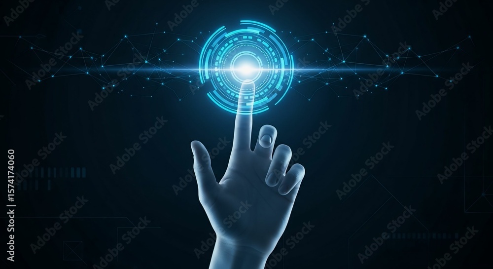 Fototapete hand touch digital hud interface futuristic technology background of virtual computer screen display